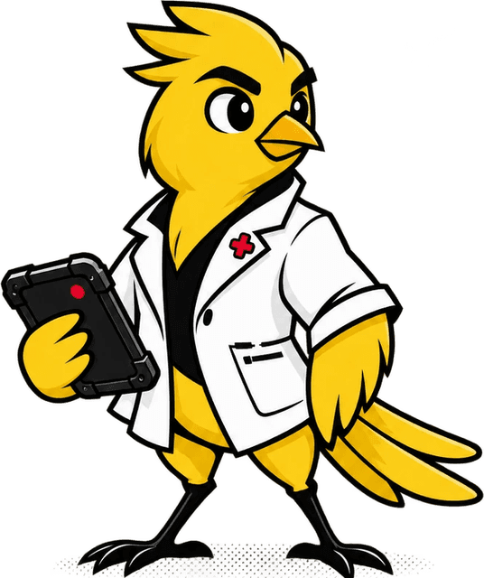 Dr. Canary in a lab coat, reading a tablet