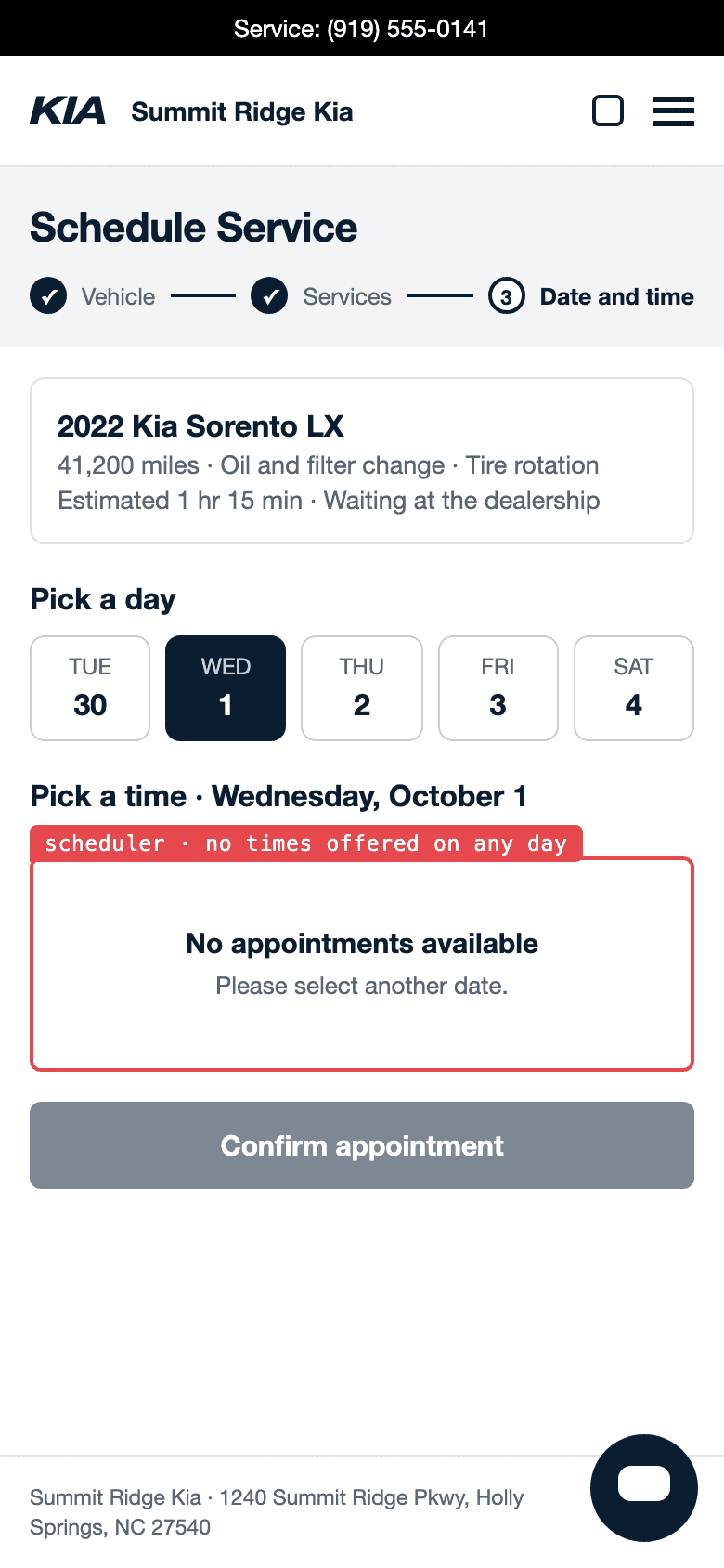 A service scheduler on a phone with no appointment times on any day.