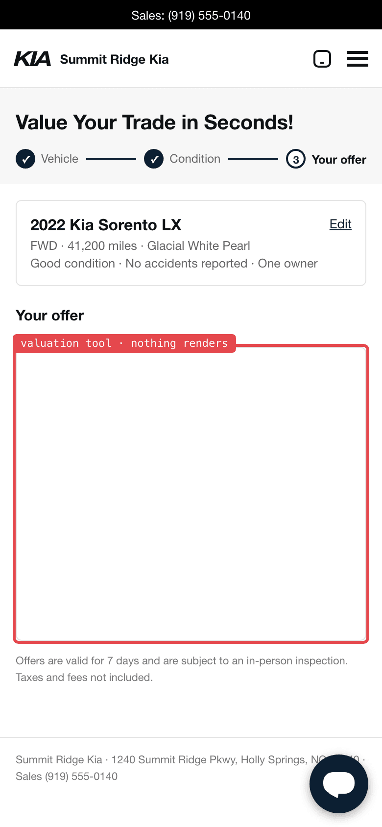 A trade-in tool on a phone: the offer panel is empty.